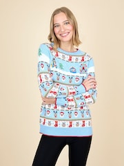 JoJo Maman Bébé Blue Women's Christmas Fair Ground Fairisle Jumper - Image 1 of 3
