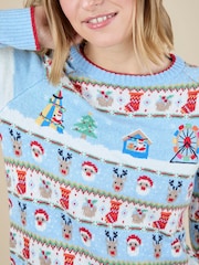 JoJo Maman Bébé Blue Women's Christmas Fair Ground Fairisle Jumper - Image 4 of 4