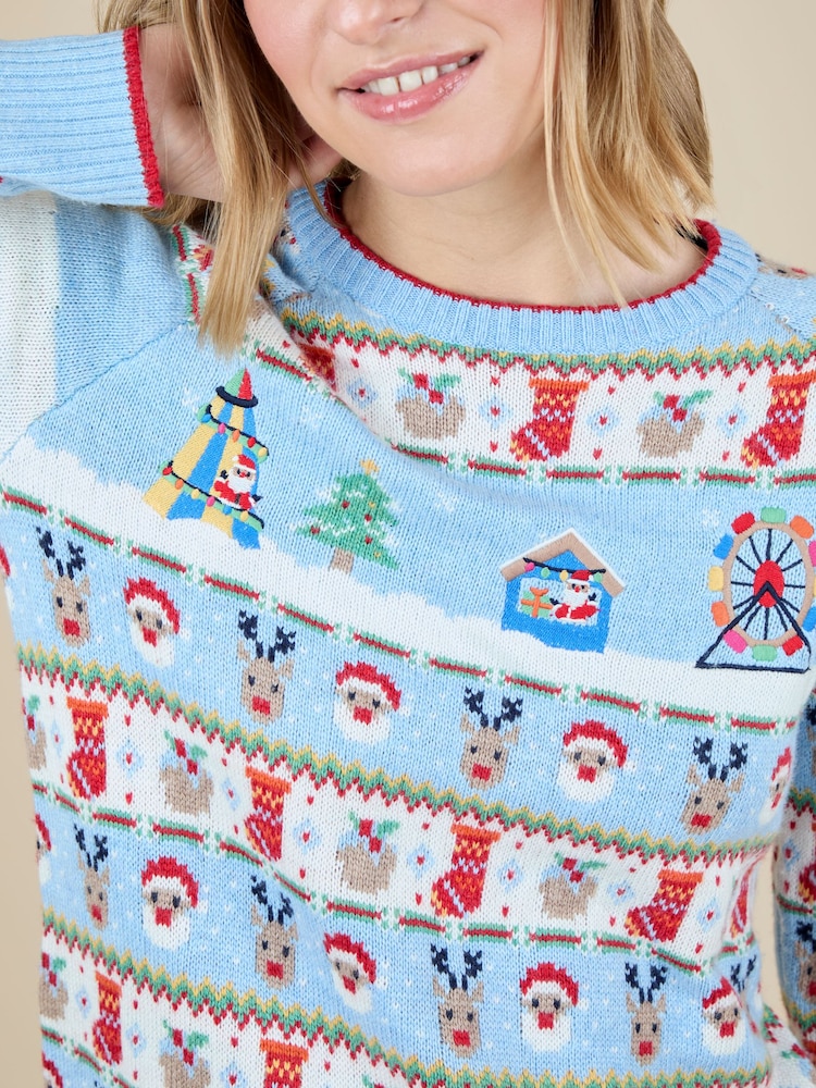 JoJo Maman Bébé Blue Women's Christmas Fair Ground Fairisle Jumper - Image 4 of 4 JoJo Maman Bébé Blue Women's Christmas Fair Ground Fairisle Jumper - Image 4 of 4