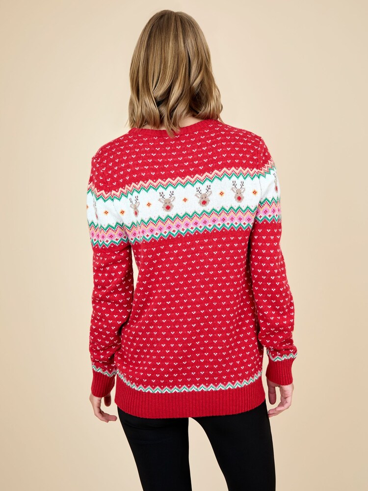 JoJo Maman Bébé Red Women's Reindeer Fairisle Jumper - Image 2 of 3 JoJo Maman Bébé Red Women's Reindeer Fairisle Jumper - Image 2 of 3
