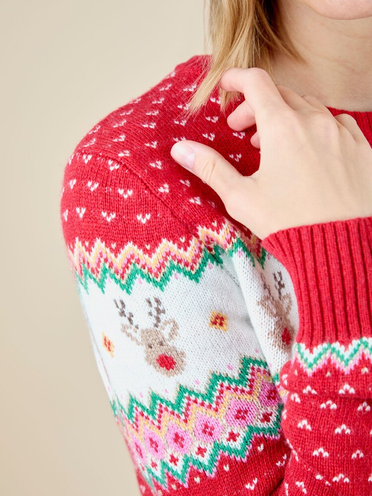 JoJo Maman Bébé Red Women's Reindeer Fairisle Jumper - Image 3 of 3 JoJo Maman Bébé Red Women's Reindeer Fairisle Jumper - Image 3 of 3
