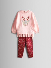 JoJo Maman Bébé Pink Reindeer Sequin Sweatshirt & Leggings Set - Image 1 of 8