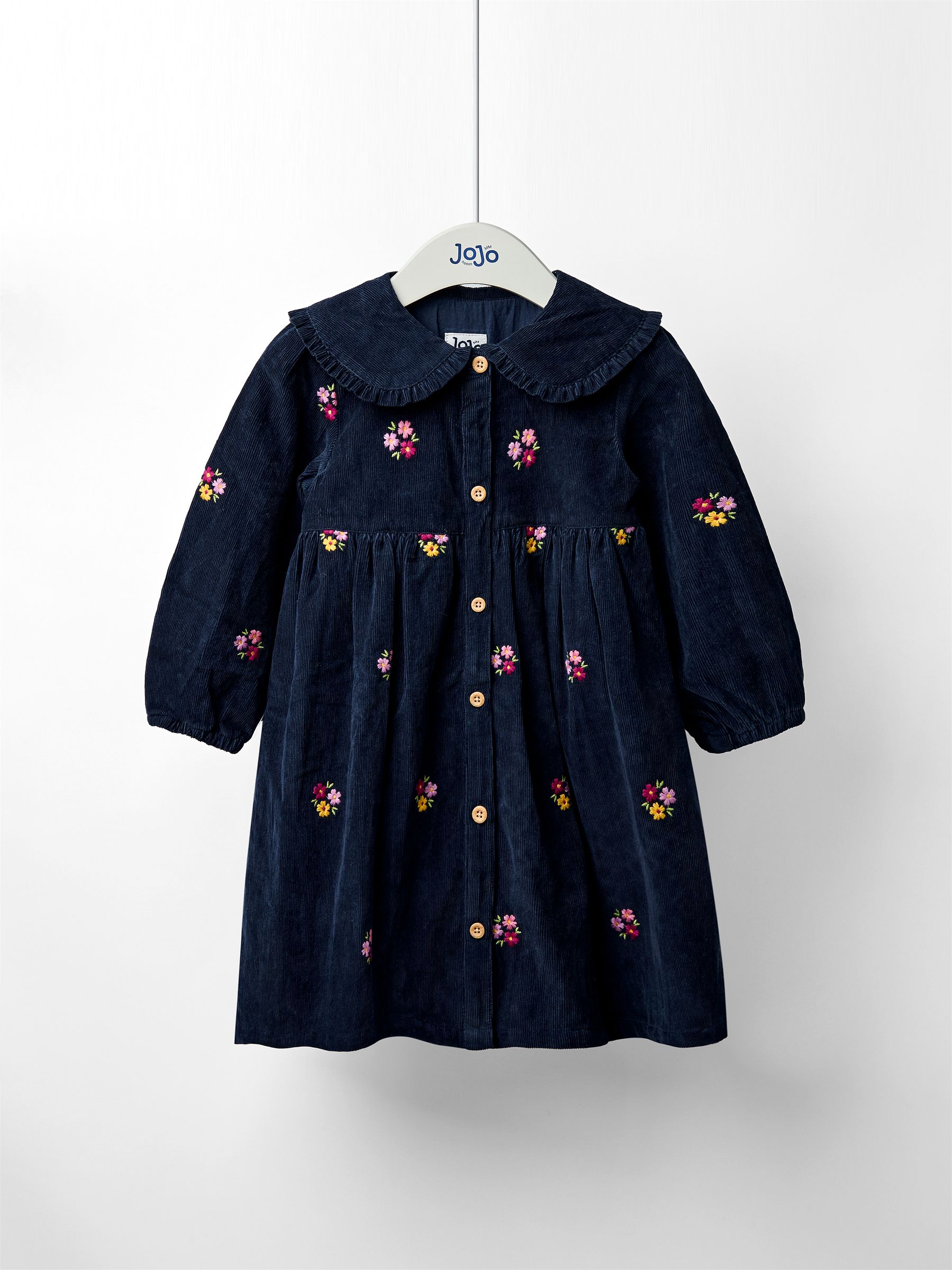 belati velvet corduroy dress with embroidered floral crest navy Girls' Navy Velvet Ruffle Twirl Dress Size: 5/6 By Mila & Rose