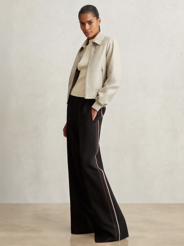 Reiss Black Robyn Petite Side-Stripe Wide-Leg Trousers - Image 1 of 7