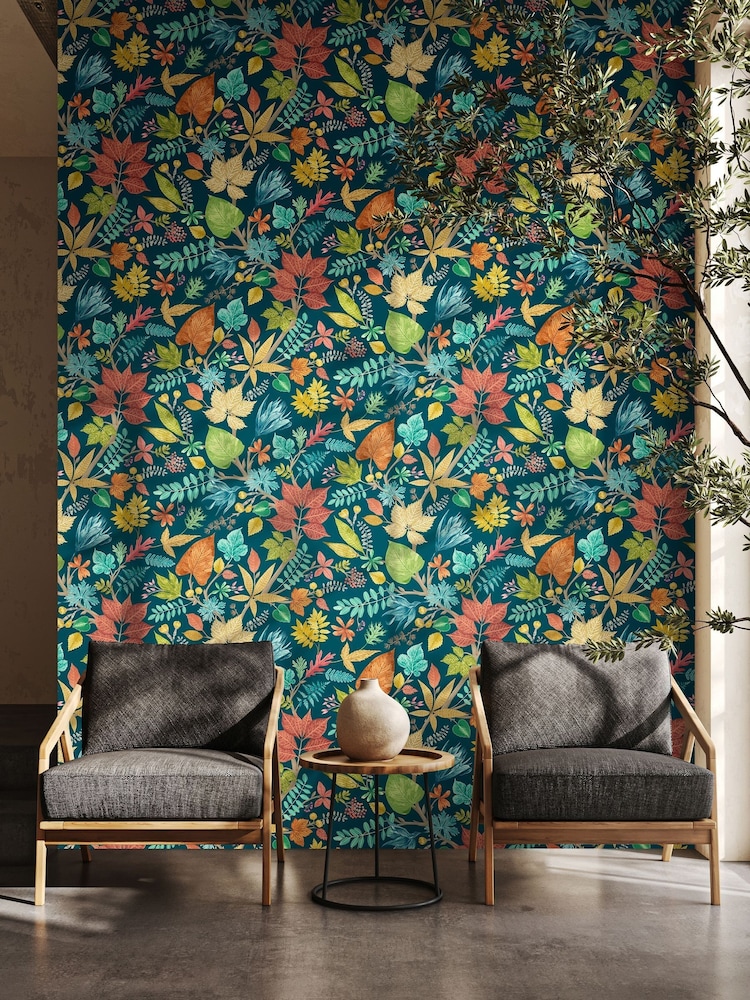Ohpopsi Teal Corn Lush Leaves Print Wallpaper - Image 1 of 2