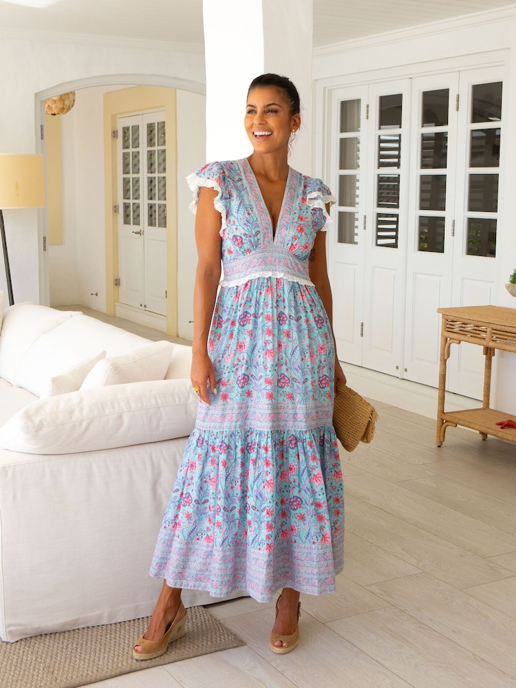 Aspiga Blue Pippa Block Print 100% Cotton Dress - Image 1 of 4