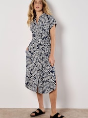 Apricot Blue Flowing Leaves Belted Shirt Dress - Image 1 of 5