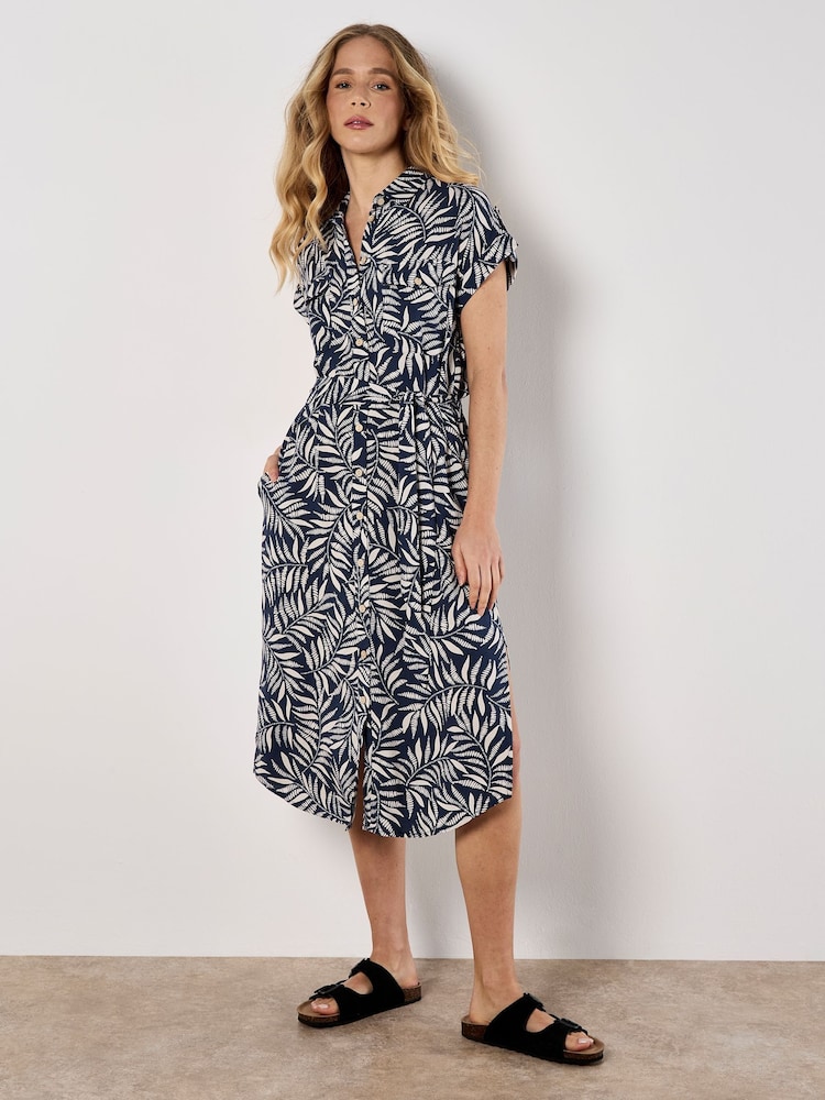 Apricot Blue Flowing Leaves Belted Shirt Dress - Image 5 of 5