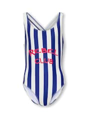 ONLY KIDS Blue Rebel Club Stripe Slogan Swimsuit - Image 1 of 3