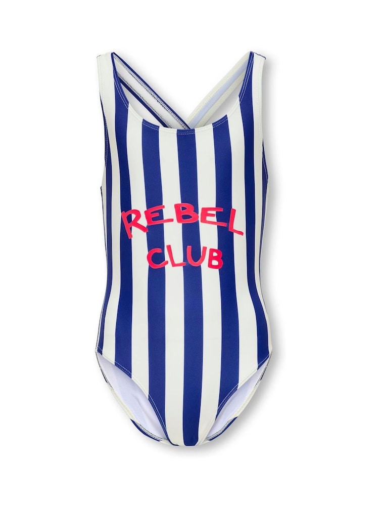 ONLY KIDS Blue Rebel Club Stripe Slogan Swimsuit - Image 1 of 3