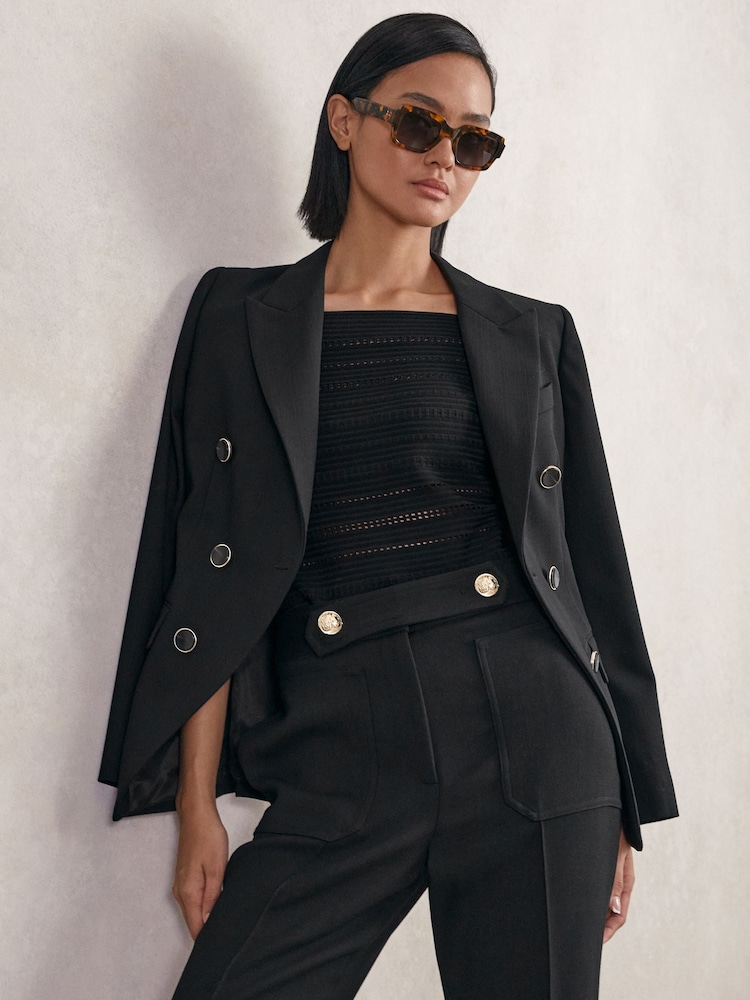 Reiss Black Lia Petite Wool-Blend Double-Breasted Blazer - Image 1 of 7