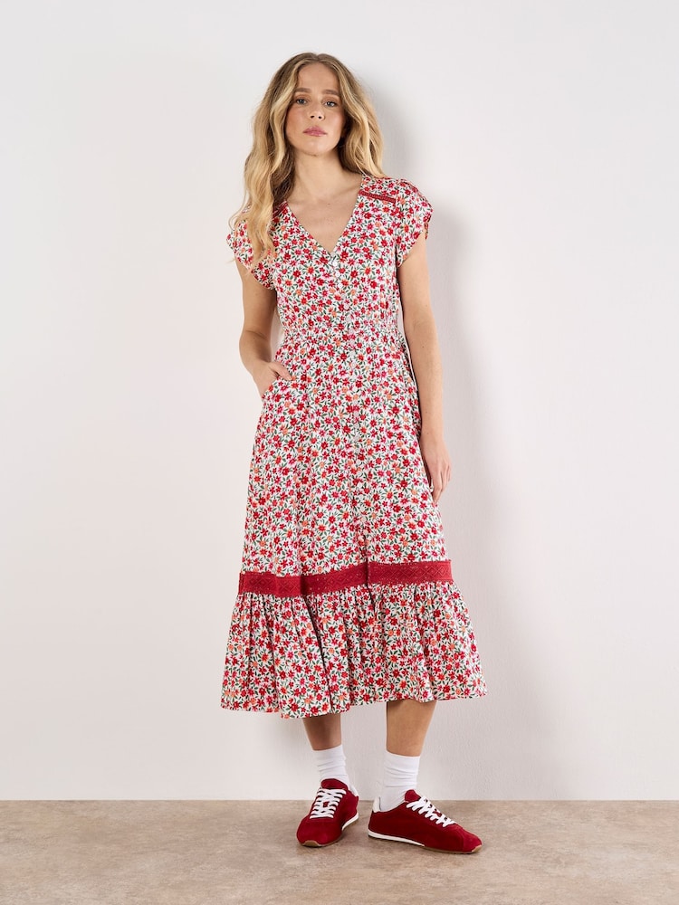 Apricot White Floral Anthology Button Midi Dress - Image 1 of 4