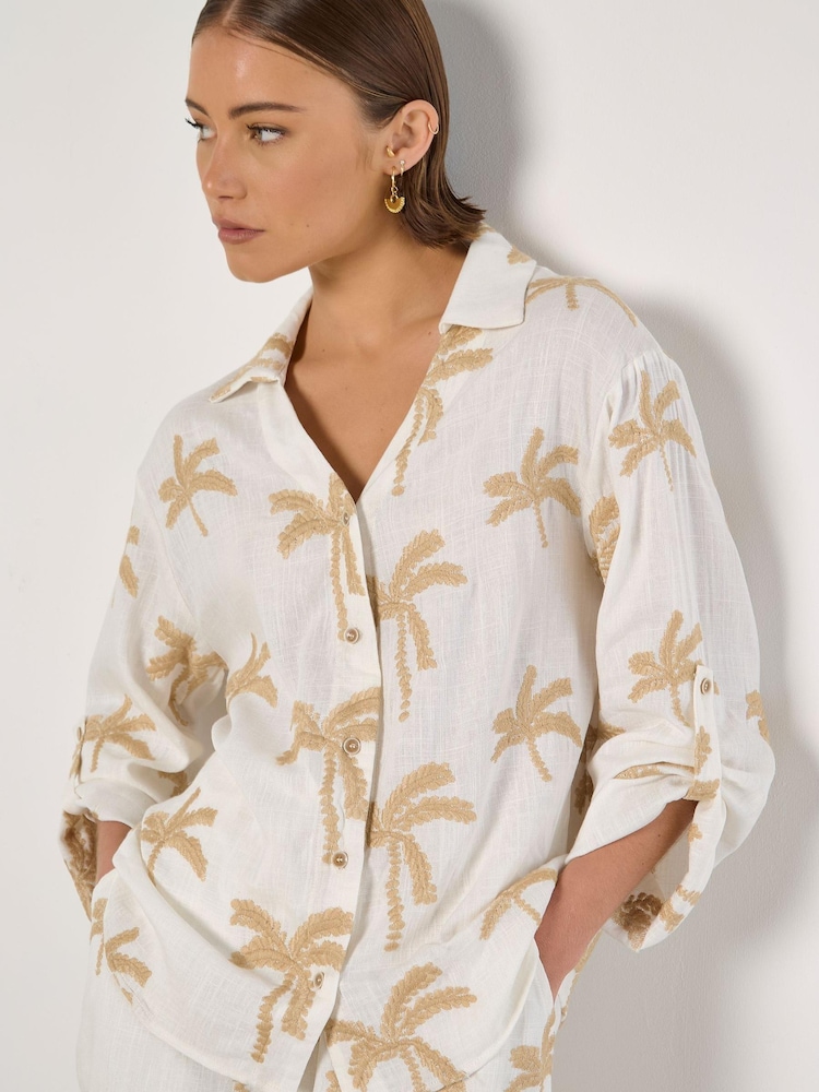Apricot Cream Embroidered Palm Shirt - Image 1 of 4 Apricot Cream Embroidered Palm Shirt - Image 1 of 4