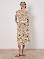 Apricot Natural Belted Leaf Print Shirt Dress - Image 1 of 4