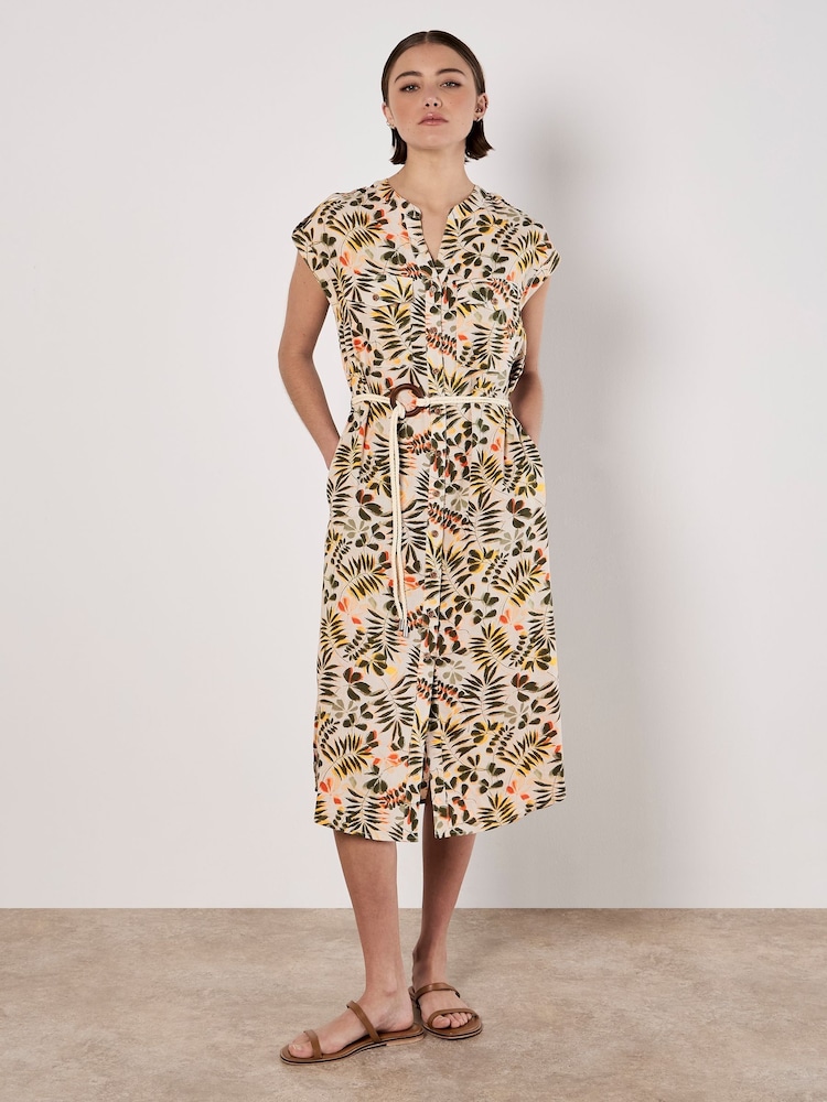 Apricot Natural Belted Leaf Print Shirt Dress - Image 1 of 4