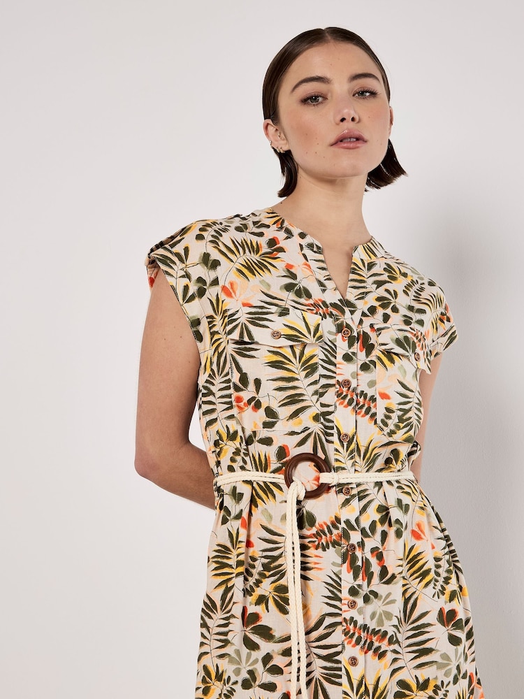 Apricot Natural Belted Leaf Print Shirt Dress - Image 2 of 4