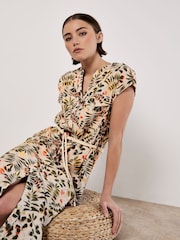 Apricot Natural Belted Leaf Print Shirt Dress - Image 4 of 4