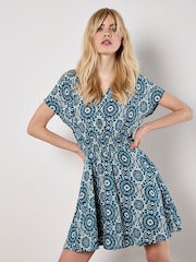 Apricot Blue Batik Kaleidoscope V-Neck Mini Dress - Image 1 of 4