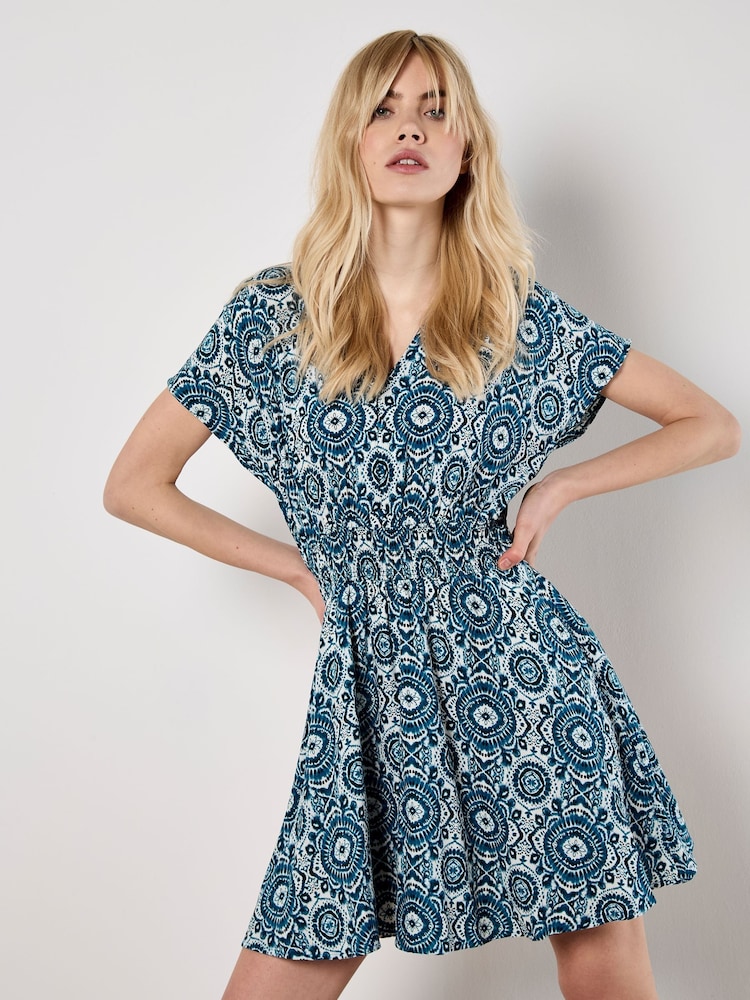 Apricot Blue Batik Kaleidoscope V-Neck Mini Dress - Image 1 of 4