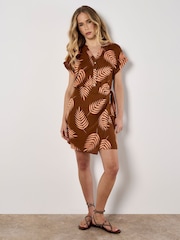Apricot Orange Tropical Leaf Wrap Dress - Image 1 of 4