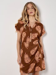 Apricot Orange Tropical Leaf Wrap Dress - Image 4 of 4
