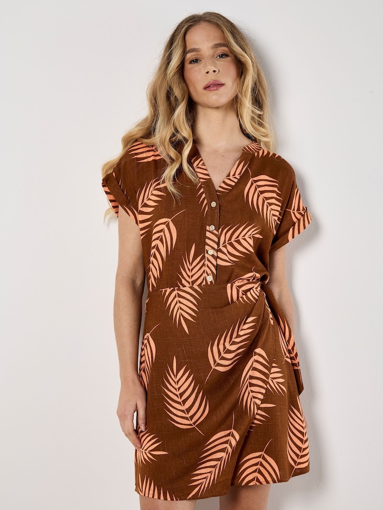 Apricot Orange Tropical Leaf Wrap Dress - Image 4 of 4 Apricot Orange Tropical Leaf Wrap Dress - Image 4 of 4