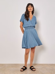 Apricot Blue Zip Up Shirred Waist Dress - Image 1 of 4