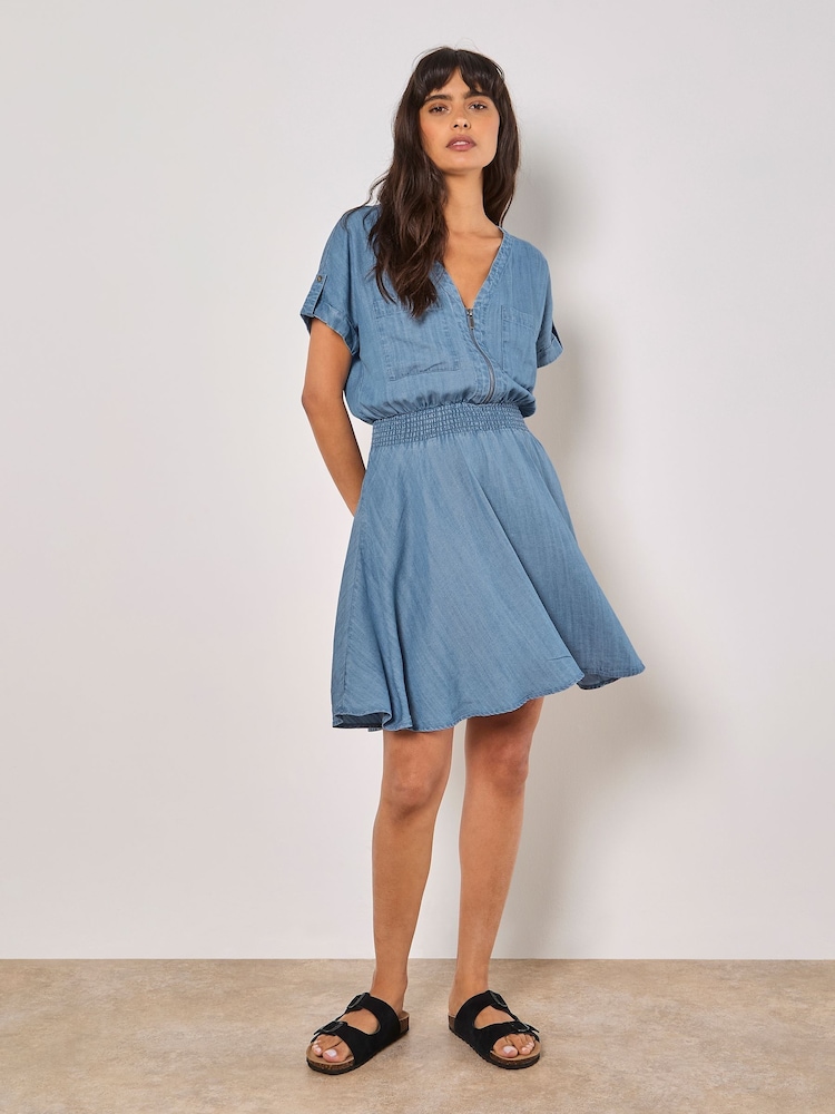 Apricot Blue Zip Up Shirred Waist Dress - Image 1 of 4