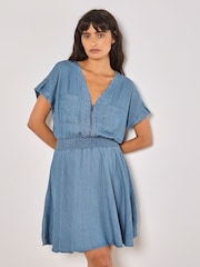 Apricot Blue Zip Up Shirred Waist Dress - Image 2 of 4