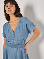 Apricot Blue Zip Up Shirred Waist Dress - Image 4 of 4