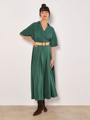 Apricot Green Boho Slub Belted Midi Skirt - Image 1 of 4