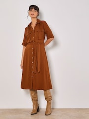 Apricot Brown Midi Utility Dress with a Touch of Linen - Image 1 of 4