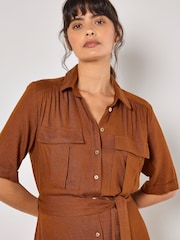 Apricot Brown Midi Utility Dress with a Touch of Linen - Image 2 of 4