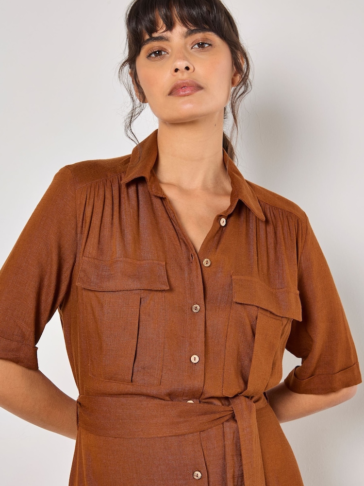 Apricot Brown Midi Utility Dress with a Touch of Linen - Image 2 of 4