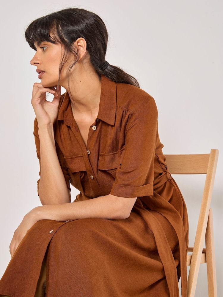 Apricot Brown Midi Utility Dress with a Touch of Linen - Image 4 of 4