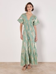 Apricot Green Luminous Floral Batwing Maxi Dress - Image 1 of 5