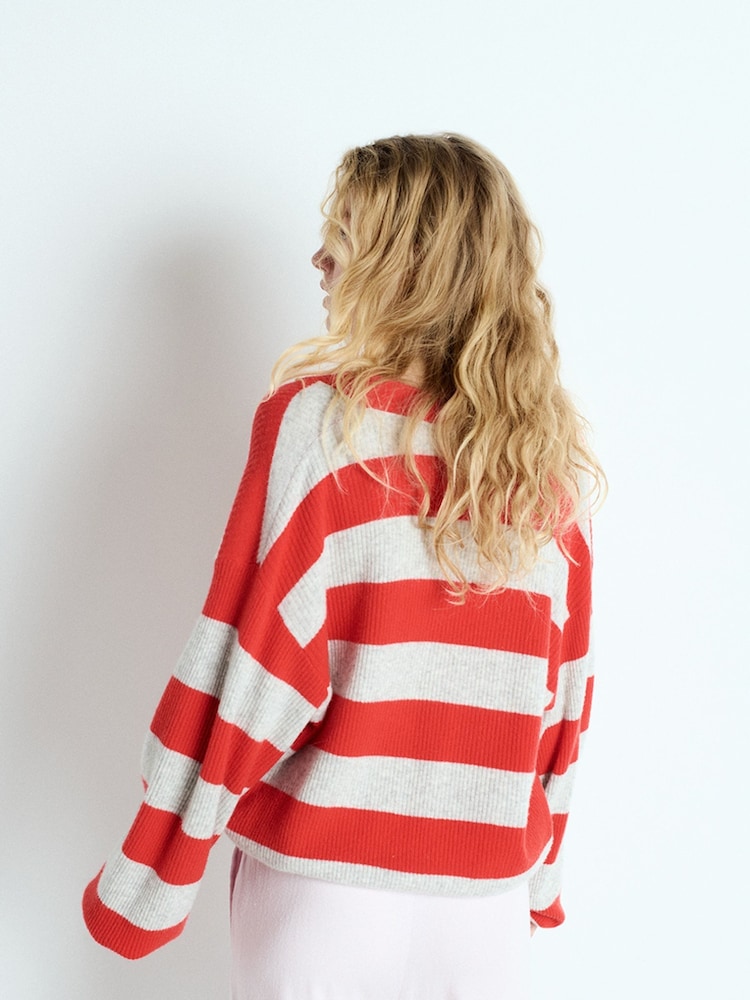 American Vintage Red Raxow Long Sleeve V-Neck Stripe Cardigan - Imagen 2 de 6