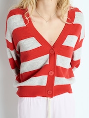 American Vintage Red Raxow Long Sleeve V-Neck Stripe Cardigan - Imagen 4 de 6