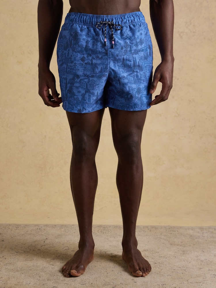 Joules Overton Blue Scene Printed Rugby Style Swim Shorts - Image 1 of 8