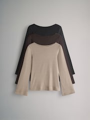 The Set Black/Chocolate Brown/Neutral 3 Pack Ribbed Flare Sleeve T-Shirt - Image 2 of 10