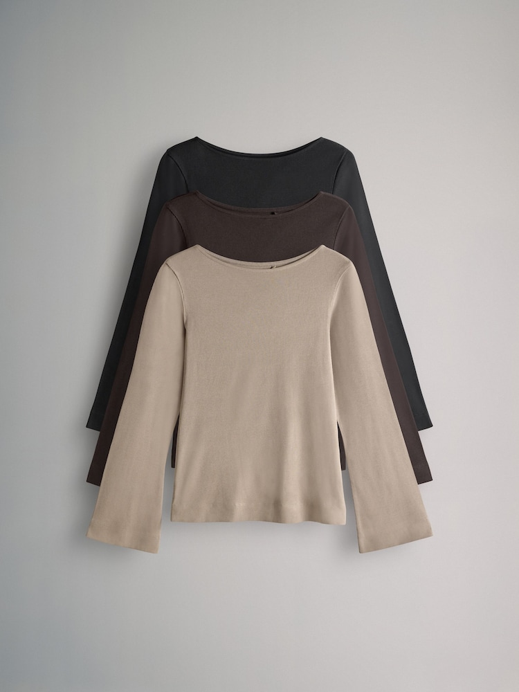 The Set Black/Chocolate Brown/Neutral 3 Pack Ribbed Flare Sleeve T-Shirt - Image 2 of 10
