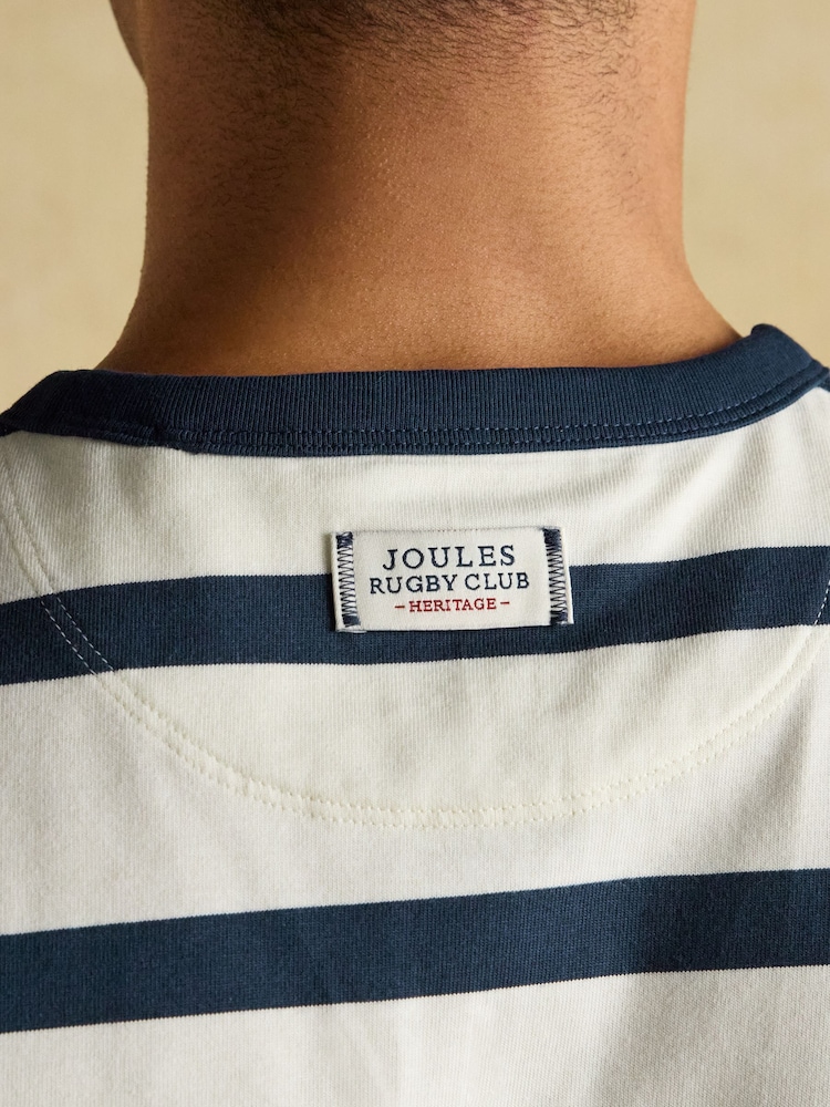 Joules Rugby Club Navy & Cream Stripe Crew Neck Cotton T-Shirt - Image 7 of 7 Joules Rugby Club Navy & Cream Stripe Crew Neck Cotton T-Shirt - Image 7 of 7