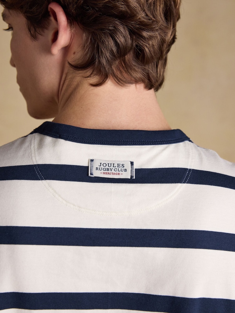 Joules Rugby Club Navy & Cream Striped Crew Neck Cotton T-Shirt - Image 9 of 9