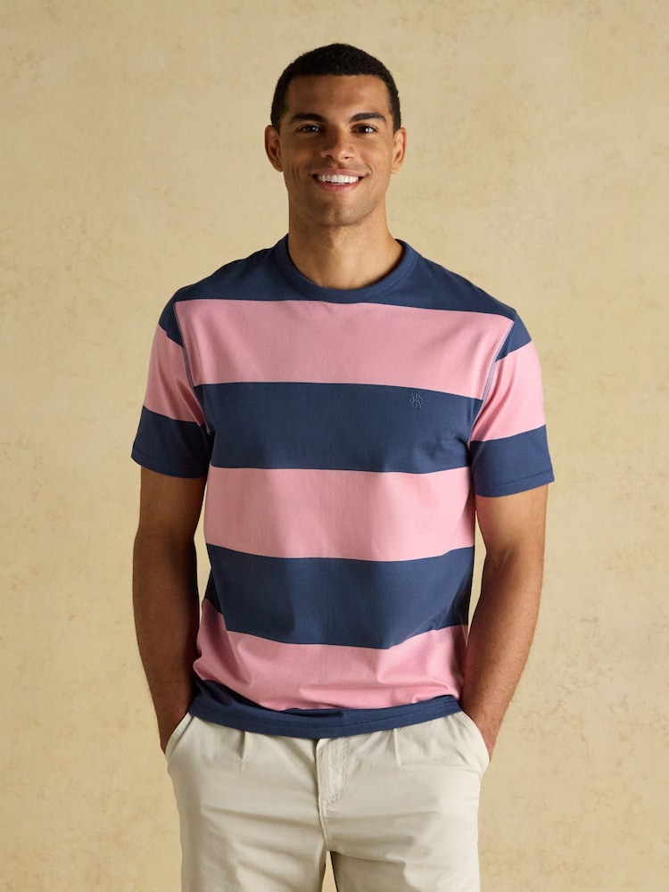Joules Rugby Club Pink & Blue Stripe Crew Neck Cotton T-Shirt - Image 1 of 7 Joules Rugby Club Pink & Blue Stripe Crew Neck Cotton T-Shirt - Image 1 of 7