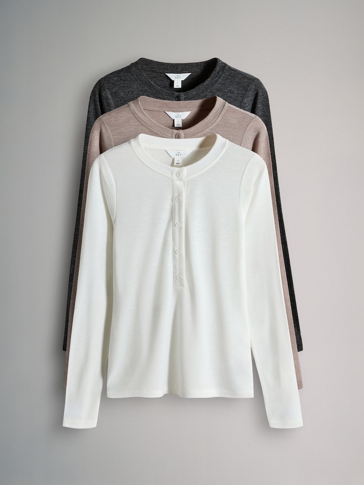 The Set Black/Grey/Neutral 3 Pack Sheer Henley Long Sleeve Top - Image 2 of 12
