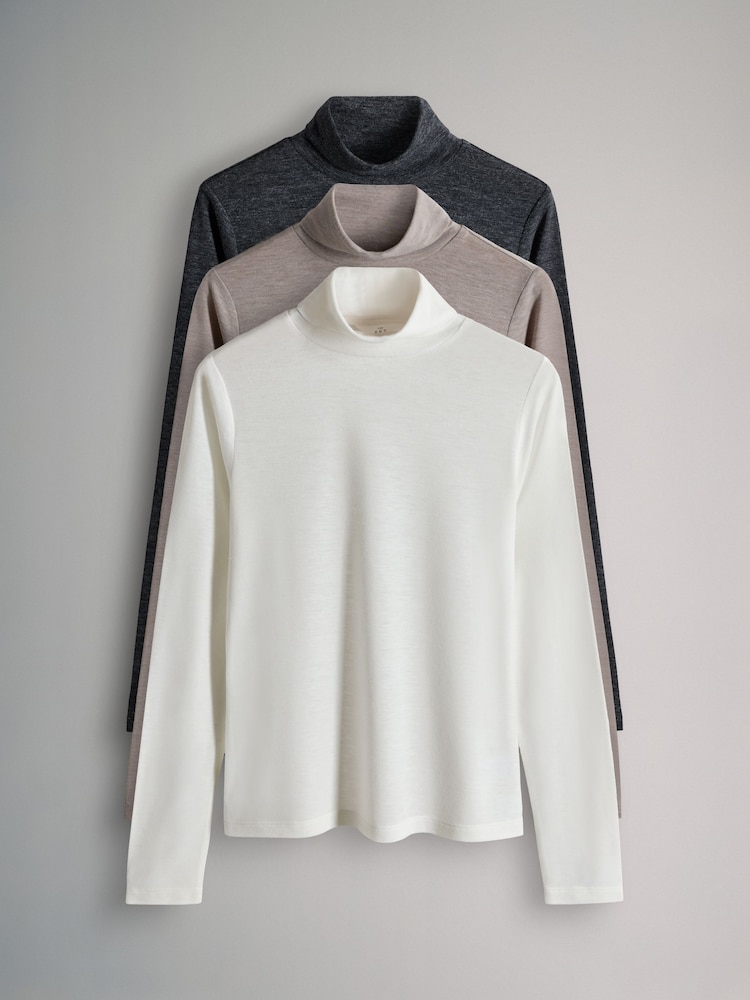 The Set Black/Grey/Neutral 3 Pack Sheer Roll Neck Long Sleeve Top - Image 1 of 4