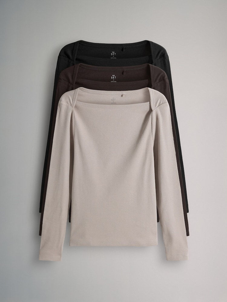 The Set Black/Brown/Taupe 3 Pack Envelope Neck Longsleeve Top - Image 2 of 12