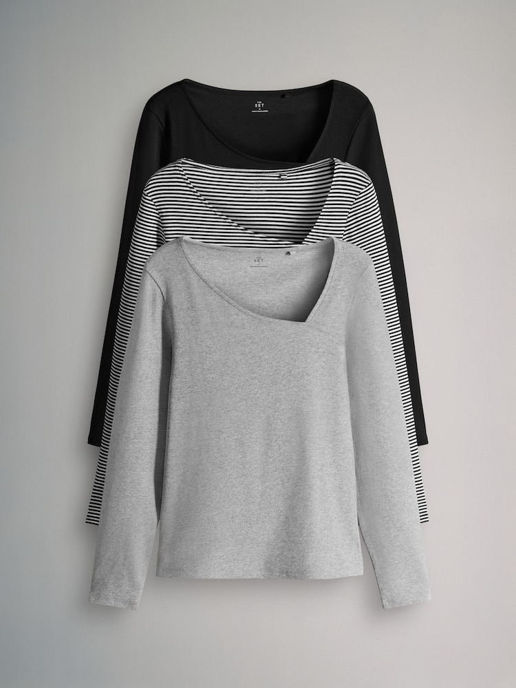 The Set Black/Grey/Stripe 3 Pack Asymmetric Neckline Long Sleeve Ribbed T-Shirt - Image 1 of 6