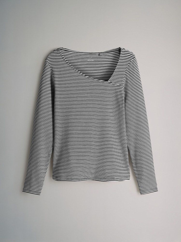 The Set Black/Grey/Stripe 3 Pack Asymmetric Neckline Long Sleeve Ribbed T-Shirt - Image 2 of 6