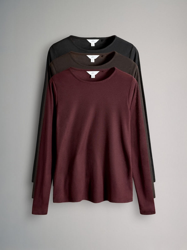 The Set Black/Burgundy/Khaki Green 3 Pack Sheer Long Sleeve T-Shirts - Image 1 of 6